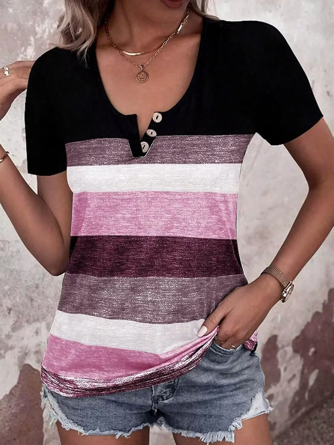 Flamingals Womens Short Sleeve Summer T Shirt Scoop Neck Colorblock Button Front Casual Trendy Tops