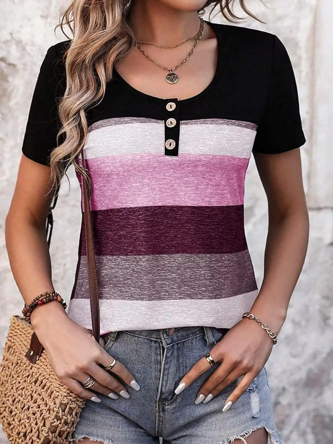 Flamingals Womens Short Sleeve Summer T Shirt Scoop Neck Colorblock Button Front Casual Trendy Tops