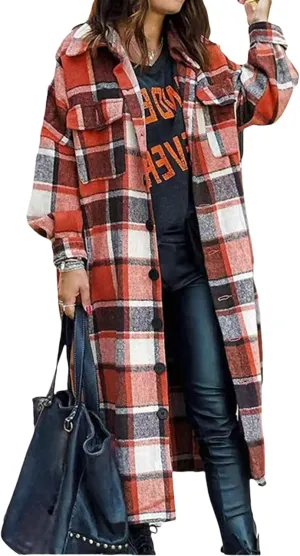Flannel Shacket Women Long Trench Coat Button Down Plaid Jacket Casual Wool Blend Shirt Oversized Fall Outwear