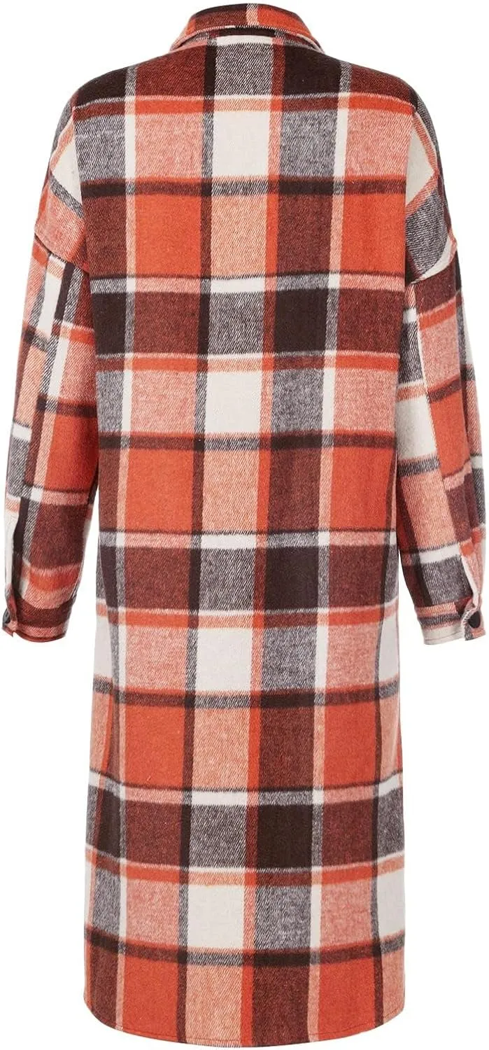 Flannel Shacket Women Long Trench Coat Button Down Plaid Jacket Casual Wool Blend Shirt Oversized Fall Outwear
