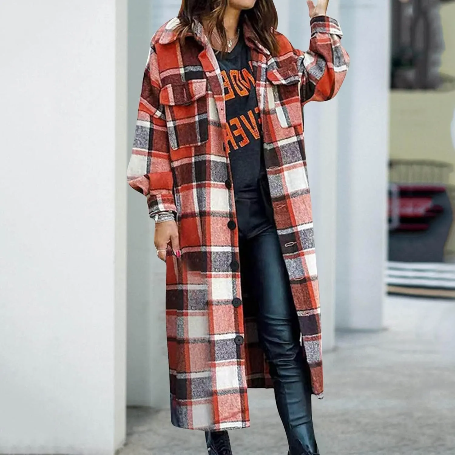 Flannel Shacket Women Long Trench Coat Button Down Plaid Jacket Casual Wool Blend Shirt Oversized Fall Outwear