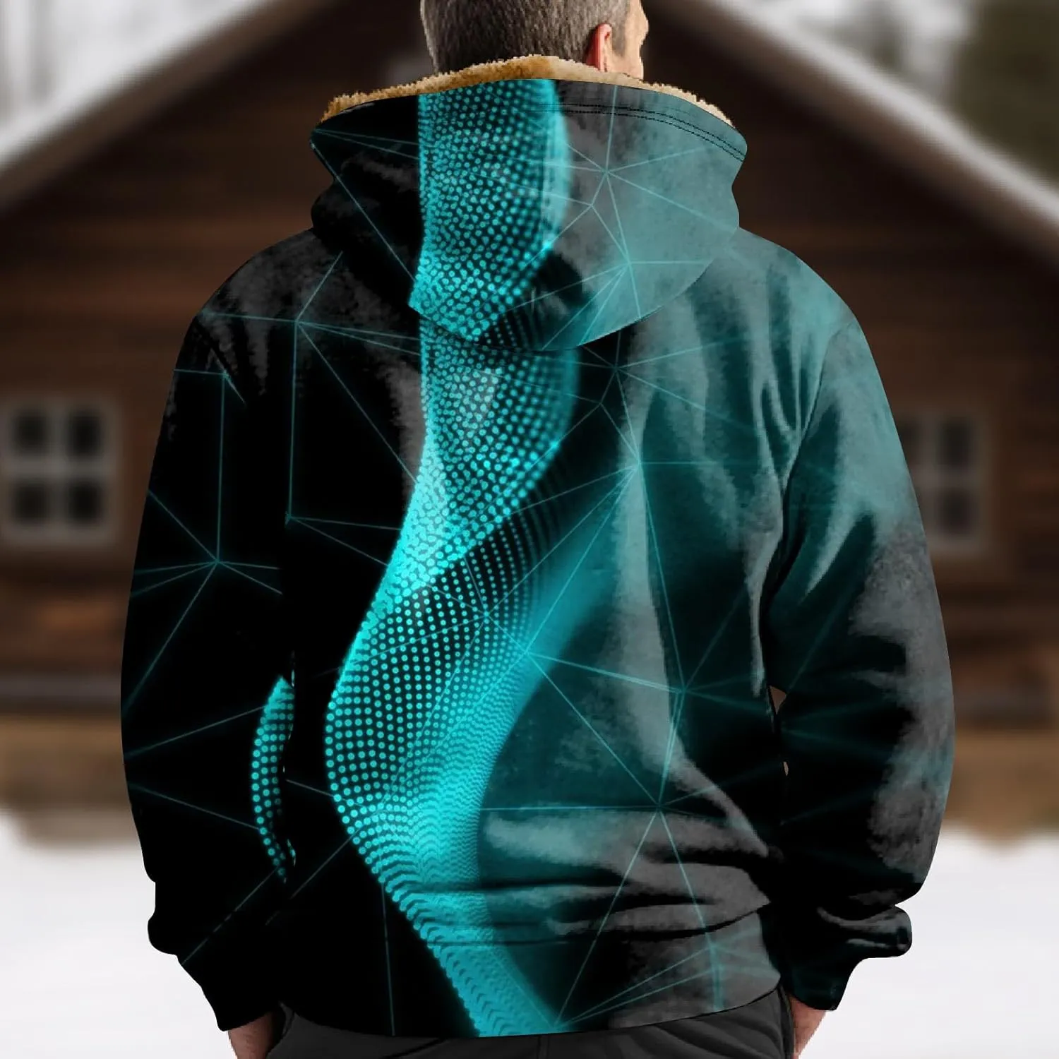 Fleece Jacket Men Hooded Full Zip Jackets Long Sleeve Printing Jacket Stylish Vintage Shirts Comfy Coats with Pocket