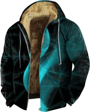 Fleece Jacket Men Hooded Full Zip Jackets Long Sleeve Printing Jacket Stylish Vintage Shirts Comfy Coats with Pocket