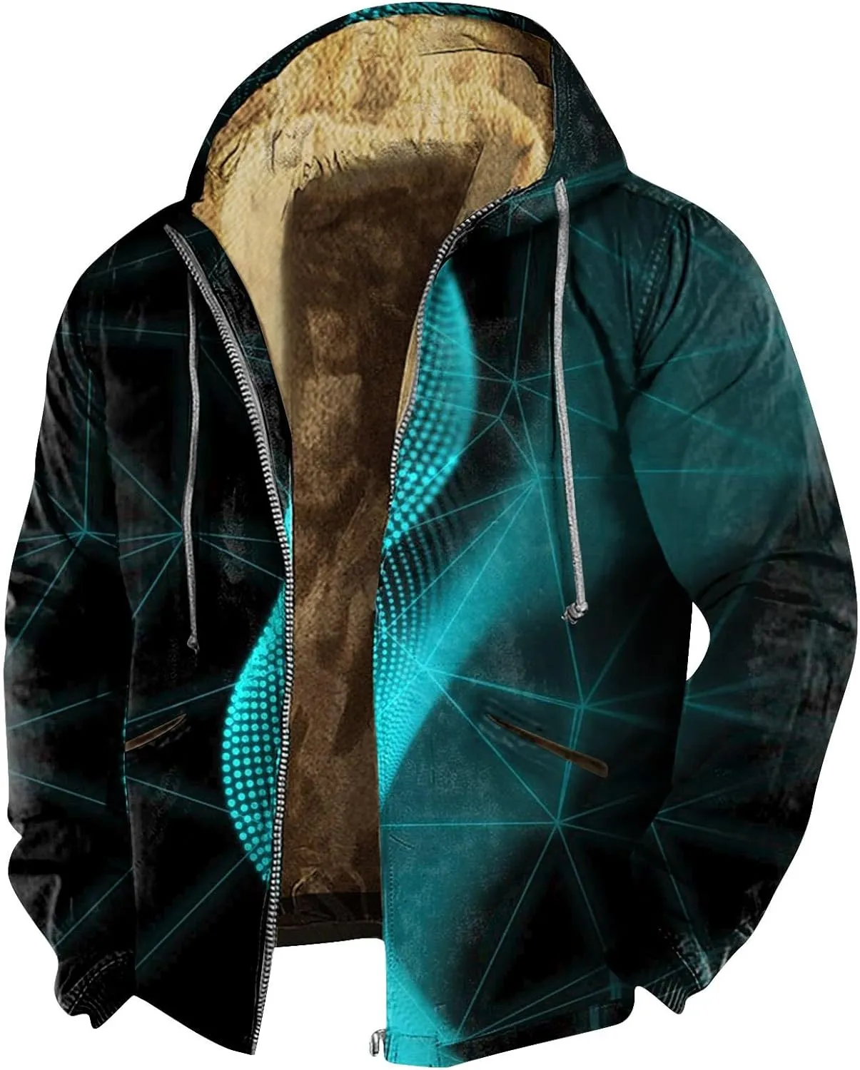 Fleece Jacket Men Hooded Full Zip Jackets Long Sleeve Printing Jacket Stylish Vintage Shirts Comfy Coats with Pocket