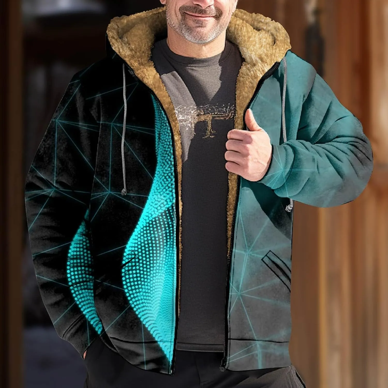 Fleece Jacket Men Hooded Full Zip Jackets Long Sleeve Printing Jacket Stylish Vintage Shirts Comfy Coats with Pocket