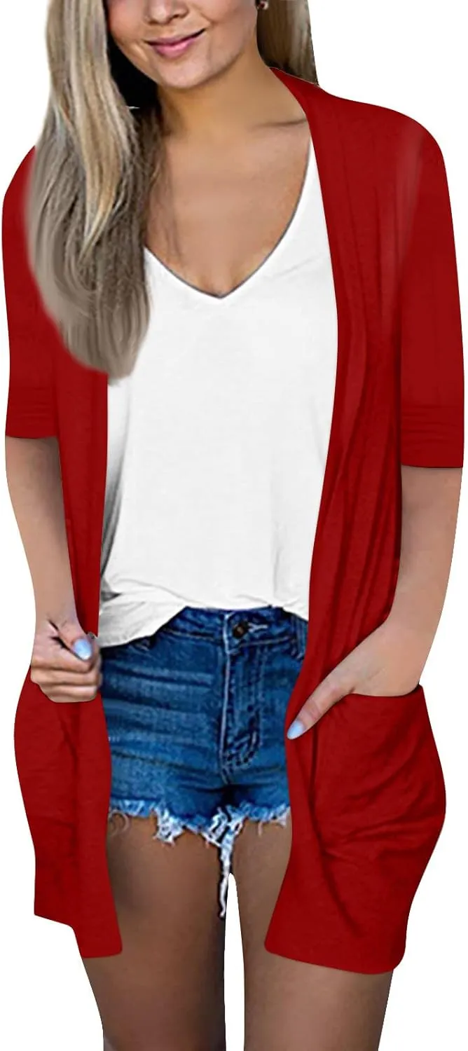 FlekmanArt Cardigan for Women Solid Color 3/4 Sleeve Open Front Cardigan Casual Trendy Flowy Lightweight Jacket with Pocket