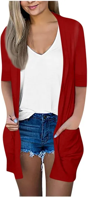 FlekmanArt Cardigan for Women Solid Color 3/4 Sleeve Open Front Cardigan Casual Trendy Flowy Lightweight Jacket with Pocket