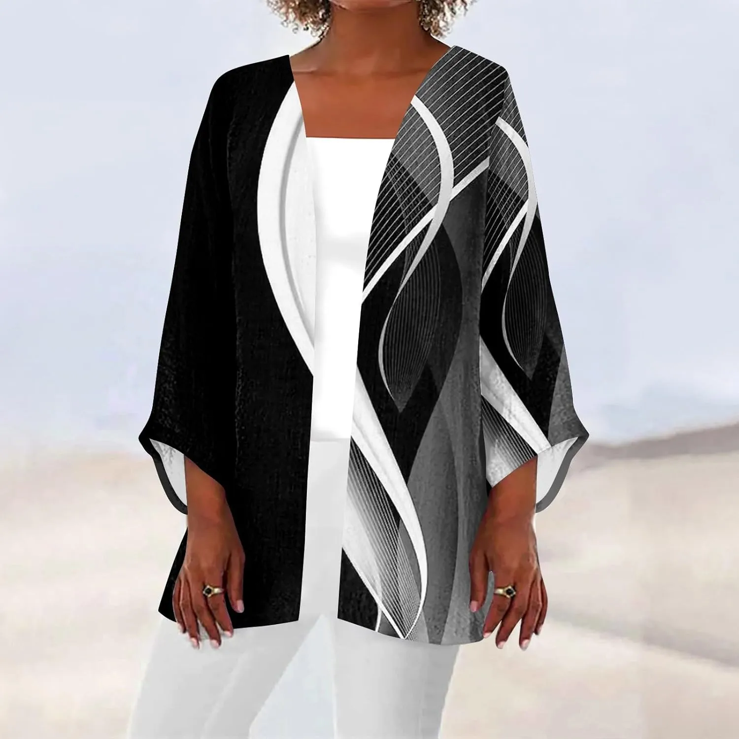 FlekmanArt Kimonos for Women Casual Print 3/4 Sleeve Open Front Cardigan Casual Loose Lightweight Trendy Flowy Dressy Jacket