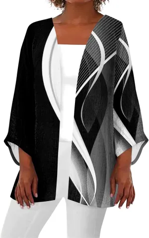 FlekmanArt Kimonos for Women Casual Print 3/4 Sleeve Open Front Cardigan Casual Loose Lightweight Trendy Flowy Dressy Jacket