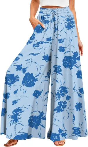 FlekmanArt Women's 2025 Summer Wide Leg Palazzo Pants High Waisted Flowy Pockets Trendy Casual Lounge Boho Beach Trouser
