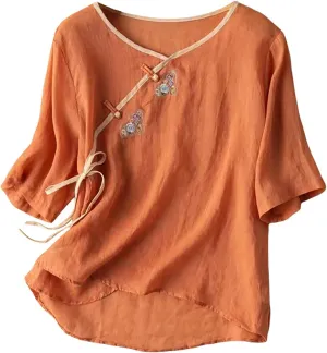 Floral Cotton Linen Retro Chinese Frog Button Blouses for Women Qipao Shirts 3/4 Sleeve Side Slit Jacquard Tops
