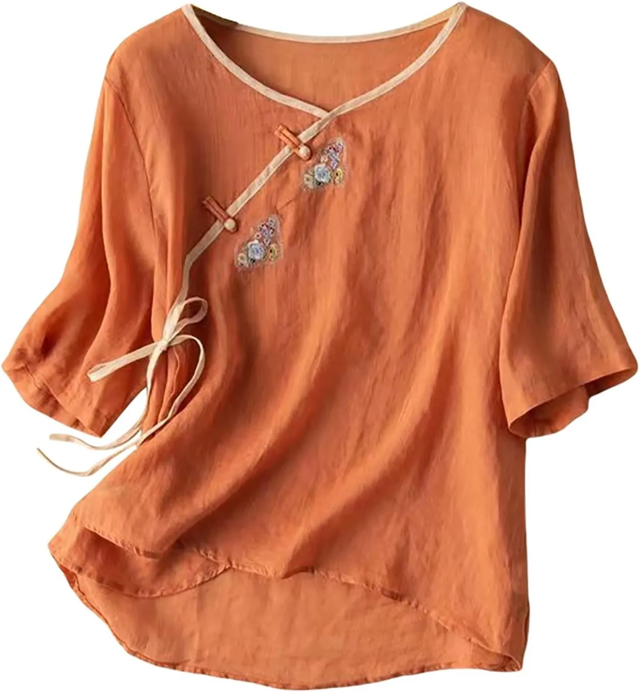 Floral Cotton Linen Retro Chinese Frog Button Blouses for Women Qipao Shirts 3/4 Sleeve Side Slit Jacquard Tops