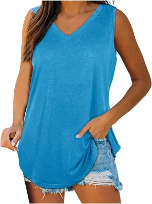 Generic Tank Tops for Women 2024 Summer V Neck Sleeveless Basic Tanks Loose Fit Flowy Shirts Casual Vacation Beach Blouses