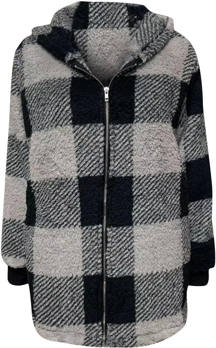 GOFULY Womens Winter Jackets Casual Plush Zip Up Hoodie Sherpa Cardigans Plaid 2024 Fall Coatigan With Pockets Clothes Baggy