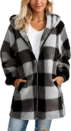 GOFULY Womens Winter Jackets Casual Plush Zip Up Hoodie Sherpa Cardigans Plaid 2024 Fall Coatigan With Pockets Clothes Baggy