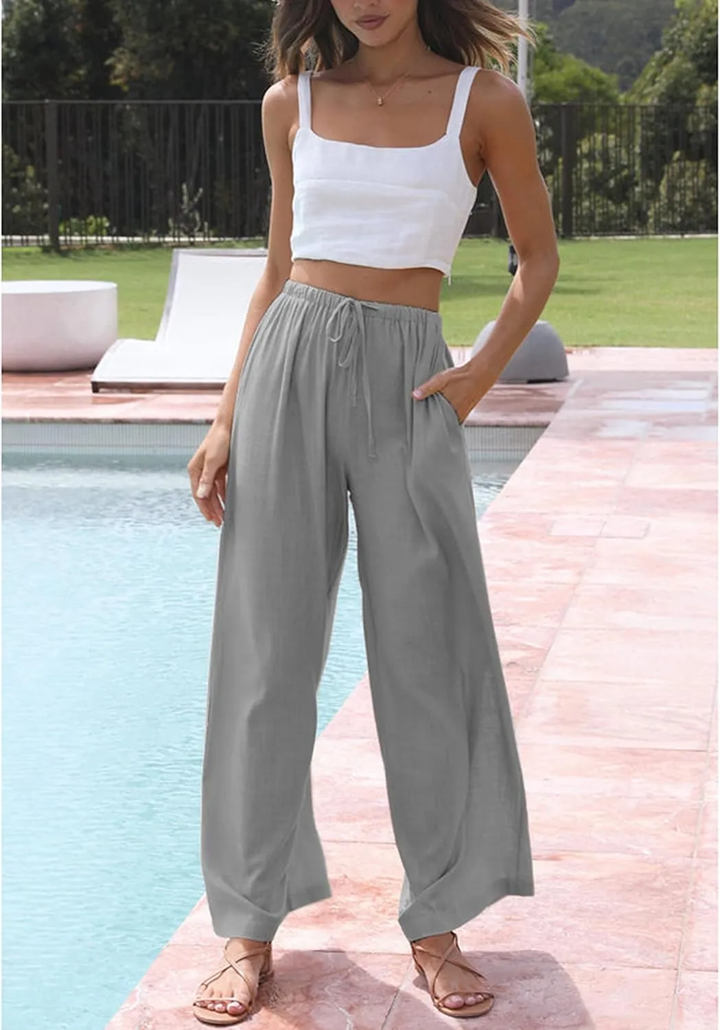 Himosyber Women Cotton Linen Pants Wide Leg High Waist Flowy Summer Beach Drawstring Pant Trouser