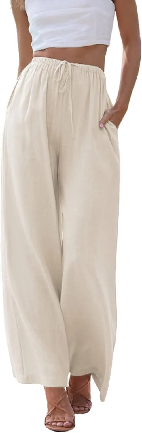 Himosyber Women Cotton Linen Pants Wide Leg High Waist Flowy Summer Beach Drawstring Pant Trouser