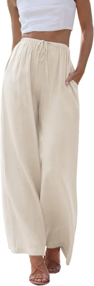 Himosyber Women Cotton Linen Pants Wide Leg High Waist Flowy Summer Beach Drawstring Pant Trouser