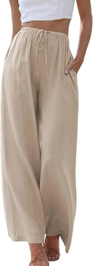 Himosyber Women Cotton Linen Pants Wide Leg High Waist Flowy Summer Beach Drawstring Pant Trouser