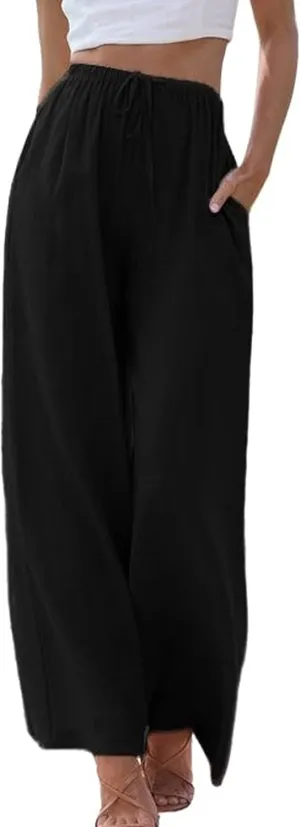 Himosyber Women Cotton Linen Pants Wide Leg High Waist Flowy Summer Beach Drawstring Pant Trouser
