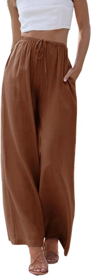 Himosyber Women Cotton Linen Pants Wide Leg High Waist Flowy Summer Beach Drawstring Pant Trouser