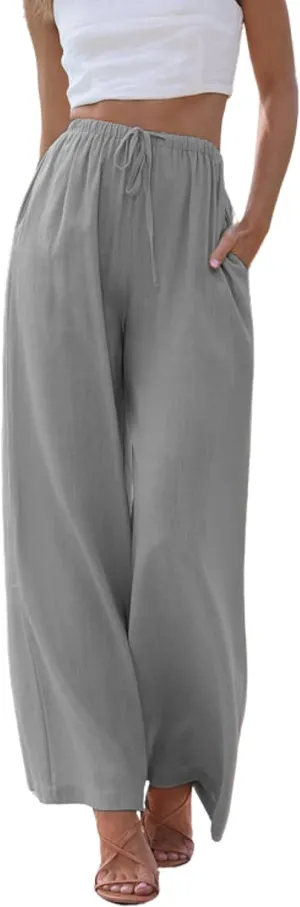 Himosyber Women Cotton Linen Pants Wide Leg High Waist Flowy Summer Beach Drawstring Pant Trouser