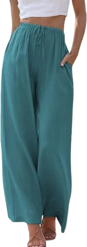 Himosyber Women Cotton Linen Pants Wide Leg High Waist Flowy Summer Beach Drawstring Pant Trouser