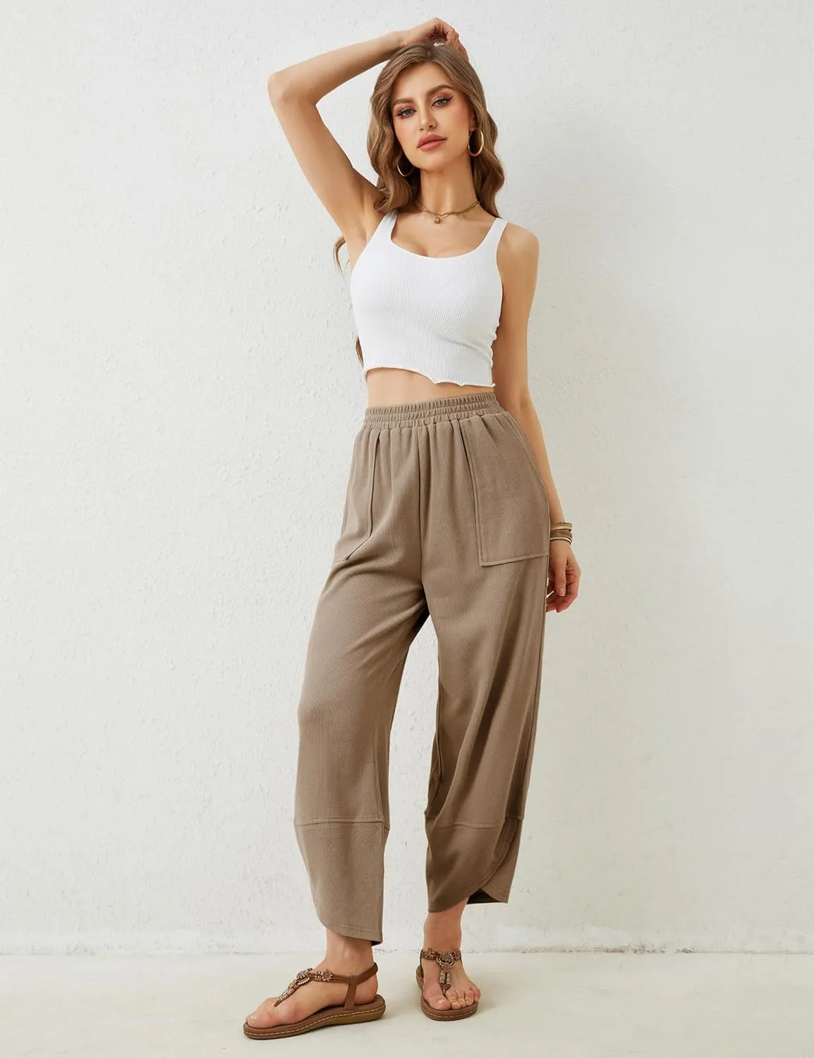 Himosyber Women Cotton Pants Wide Leg Pants Casual Loose Baggy Elastic Waist Beach Palazzo Harem Pants