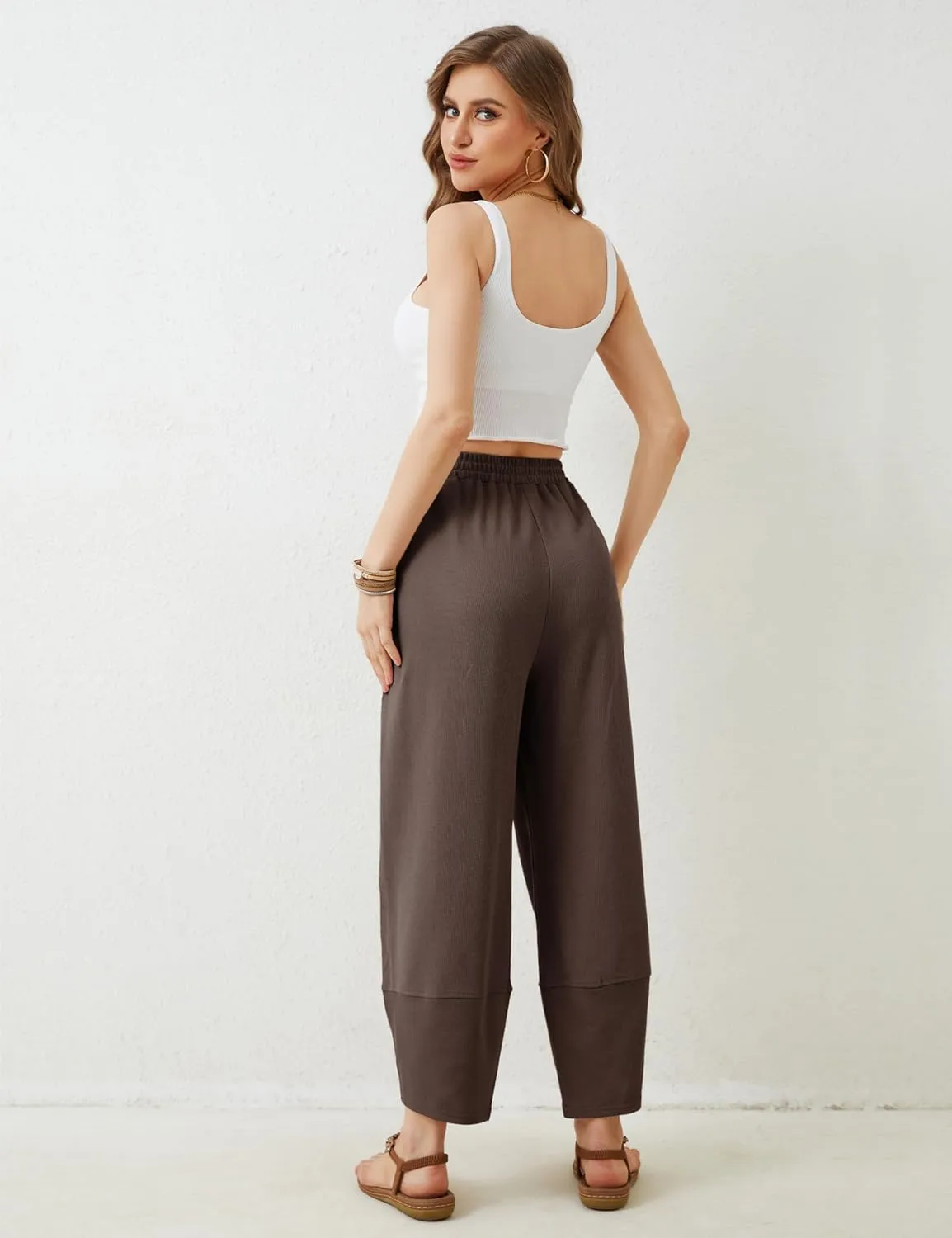 Himosyber Women Cotton Pants Wide Leg Pants Casual Loose Baggy Elastic Waist Beach Palazzo Harem Pants