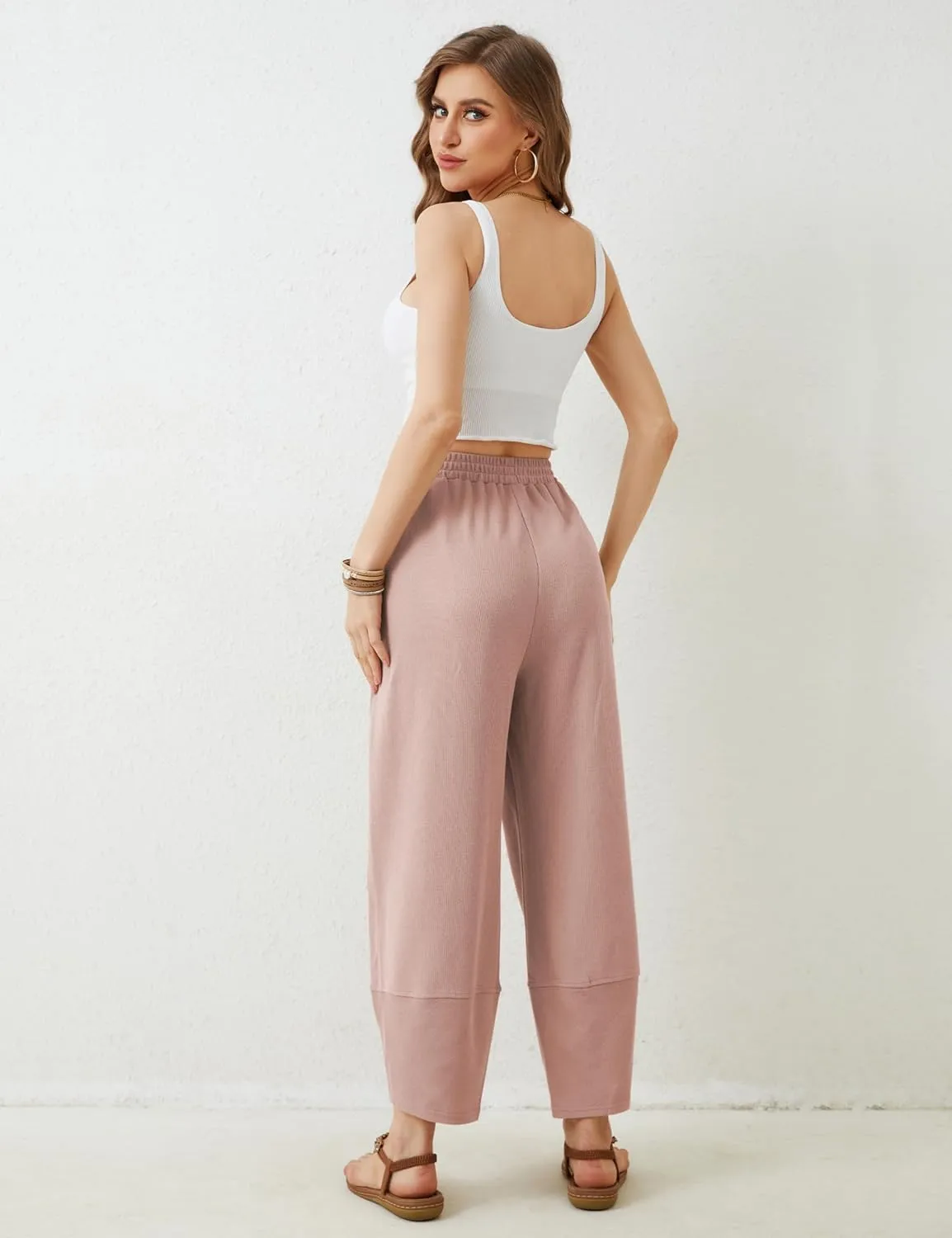 Himosyber Women Cotton Pants Wide Leg Pants Casual Loose Baggy Elastic Waist Beach Palazzo Harem Pants