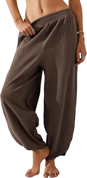 Himosyber Women Cotton Pants Wide Leg Pants Casual Loose Baggy Elastic Waist Beach Palazzo Harem Pants