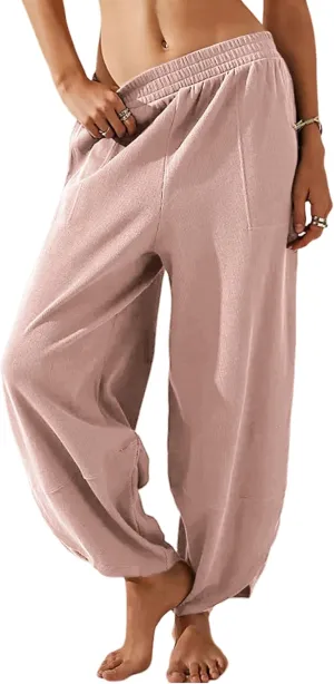 Himosyber Women Cotton Pants Wide Leg Pants Casual Loose Baggy Elastic Waist Beach Palazzo Harem Pants