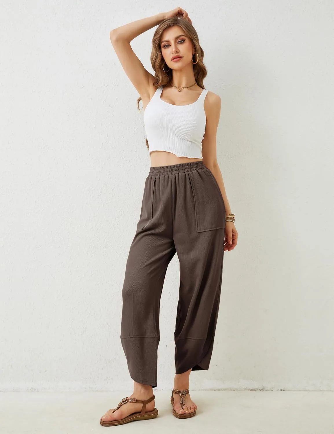 Himosyber Women Cotton Pants Wide Leg Pants Casual Loose Baggy Elastic Waist Beach Palazzo Harem Pants