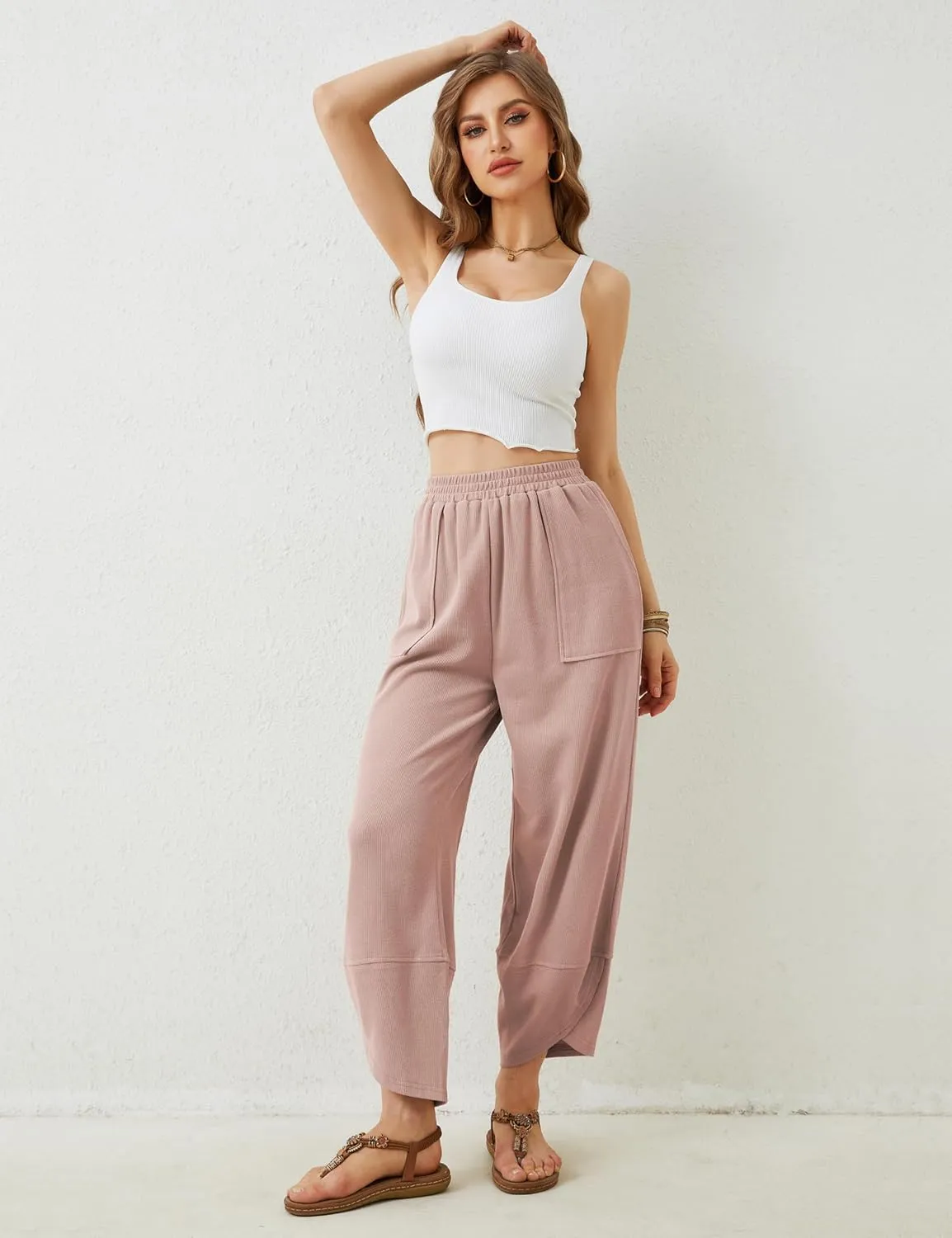 Himosyber Women Cotton Pants Wide Leg Pants Casual Loose Baggy Elastic Waist Beach Palazzo Harem Pants