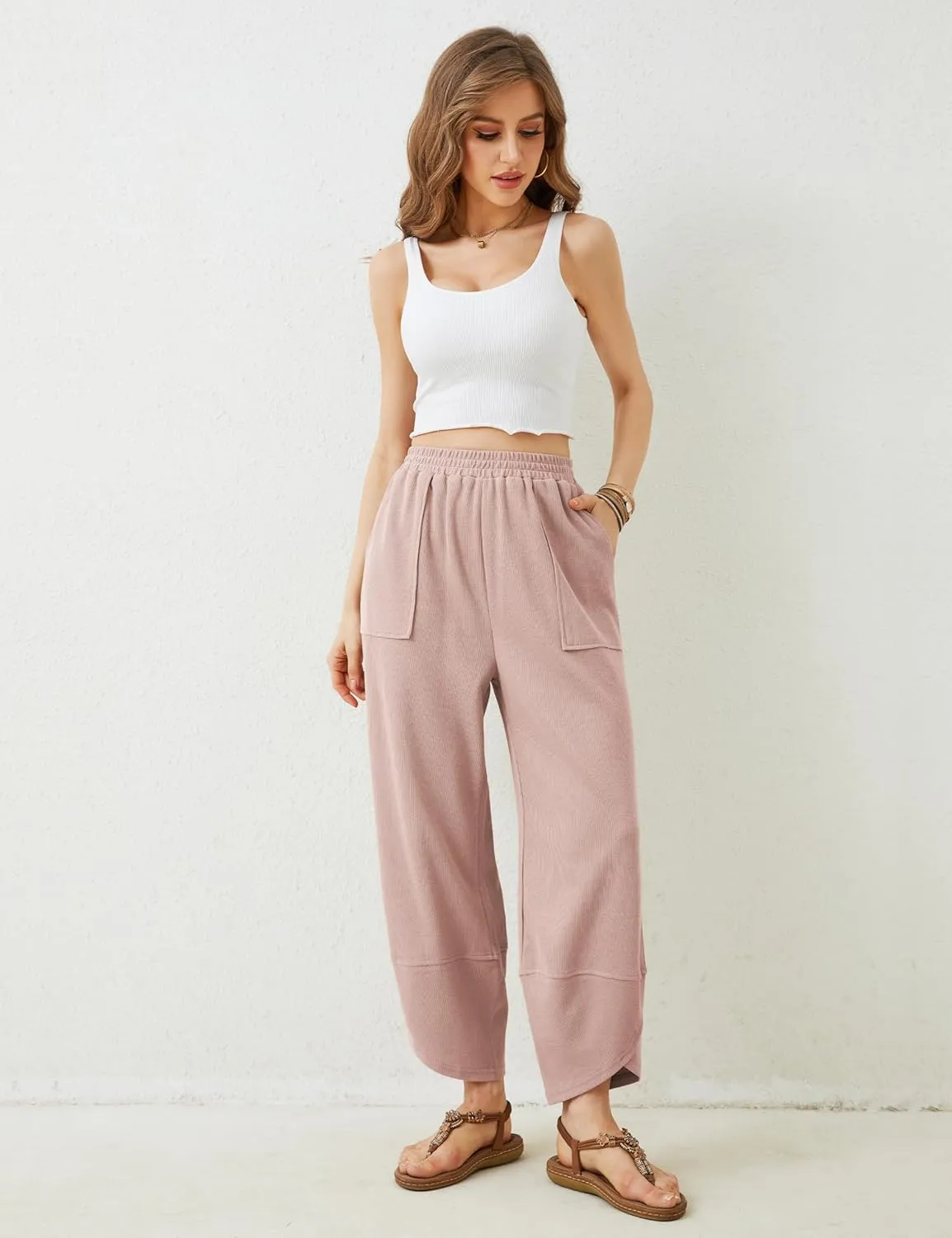 Himosyber Women Cotton Pants Wide Leg Pants Casual Loose Baggy Elastic Waist Beach Palazzo Harem Pants