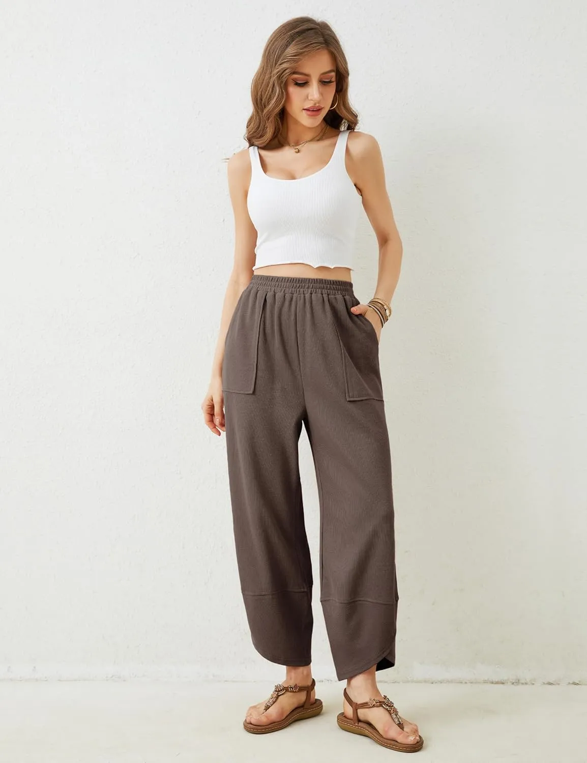 Himosyber Women Cotton Pants Wide Leg Pants Casual Loose Baggy Elastic Waist Beach Palazzo Harem Pants