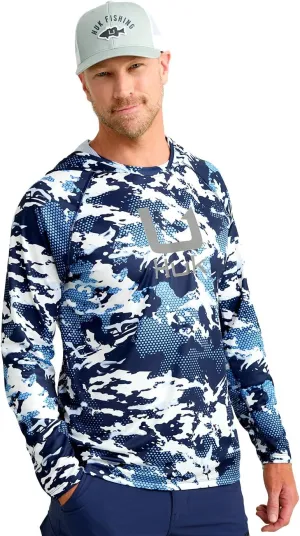HUK Mens KC Scott Patterned Pursuit Hoodie, Hooded Fishing Shirt, Marolina Blue, 3X-Large
