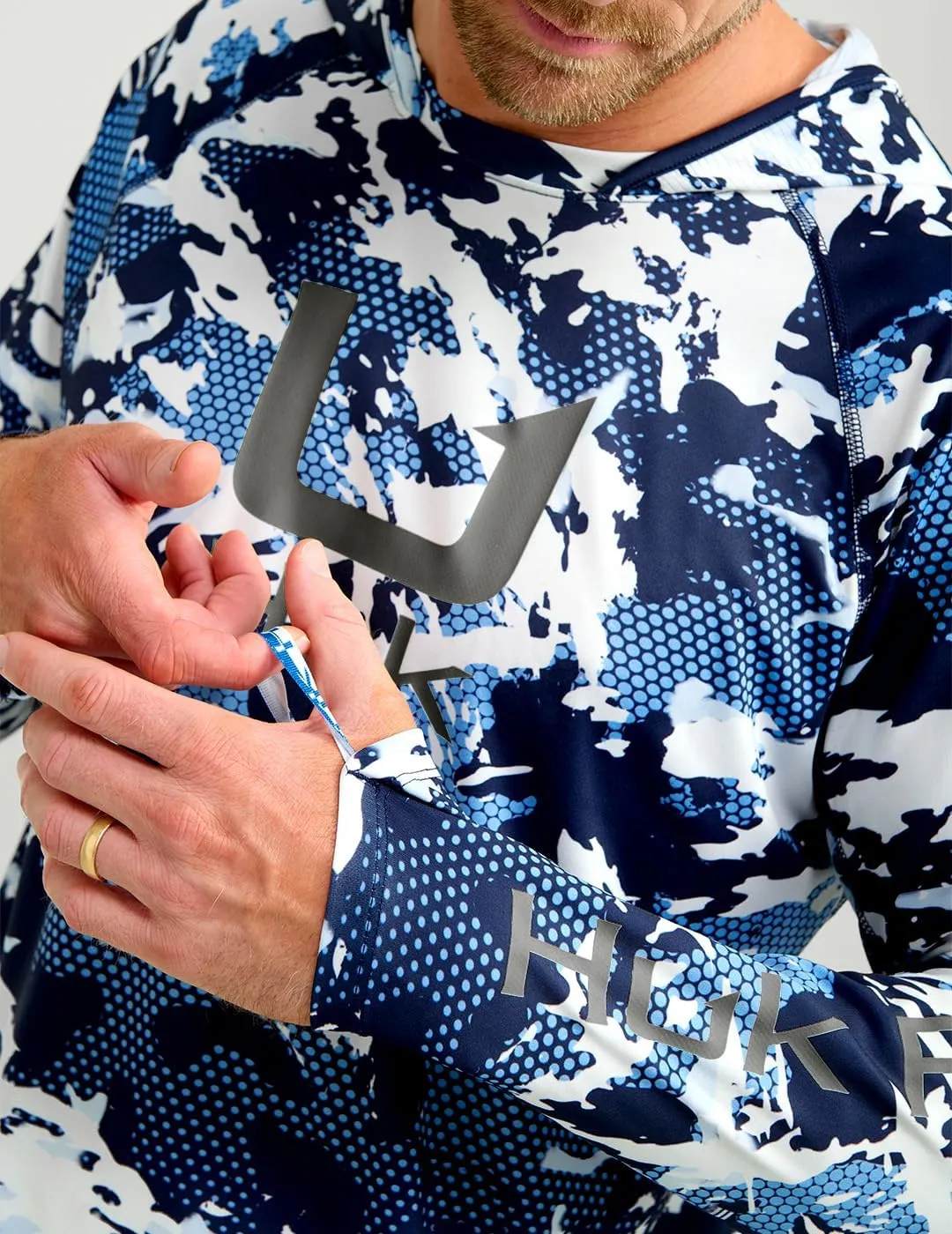 HUK Mens KC Scott Patterned Pursuit Hoodie, Hooded Fishing Shirt, Marolina Blue, 3X-Large