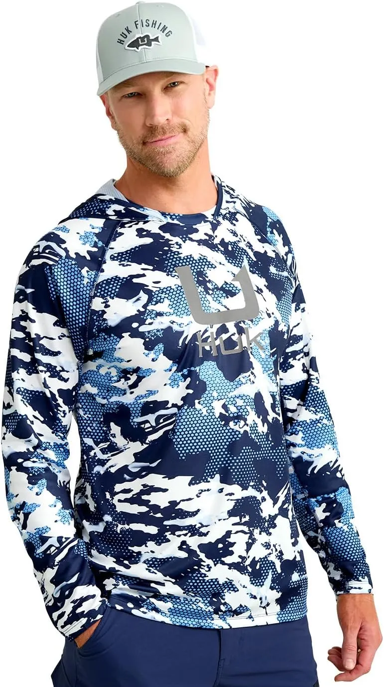 HUK Mens KC Scott Patterned Pursuit Hoodie, Hooded Fishing Shirt, Marolina Blue, 3X-Large