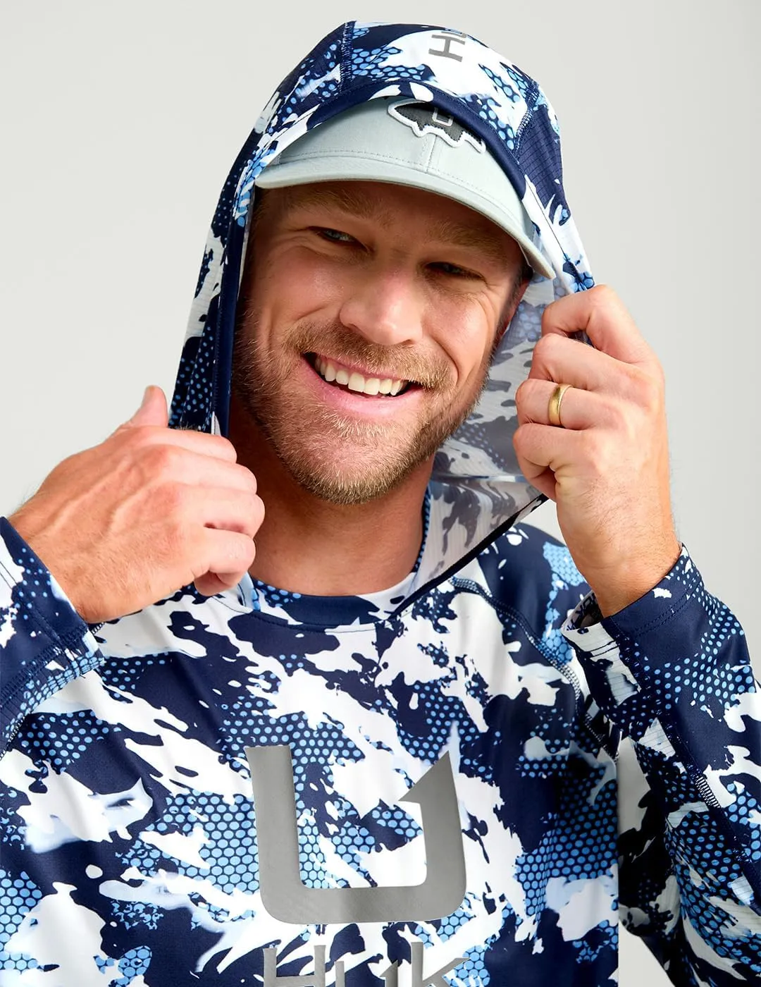 HUK Mens KC Scott Patterned Pursuit Hoodie, Hooded Fishing Shirt, Marolina Blue, 3X-Large