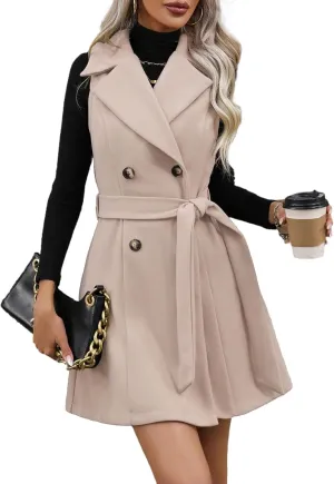 IDEALSANXUN Womens Long Wool Vest Fall Winter Sleeveless Blazer Jackets Double Breasted Trench Coat with Belt