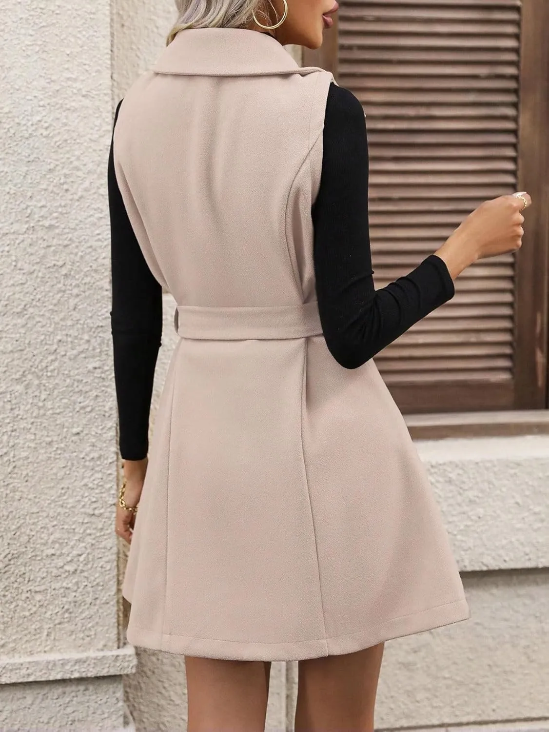 IDEALSANXUN Womens Long Wool Vest Fall Winter Sleeveless Blazer Jackets Double Breasted Trench Coat with Belt