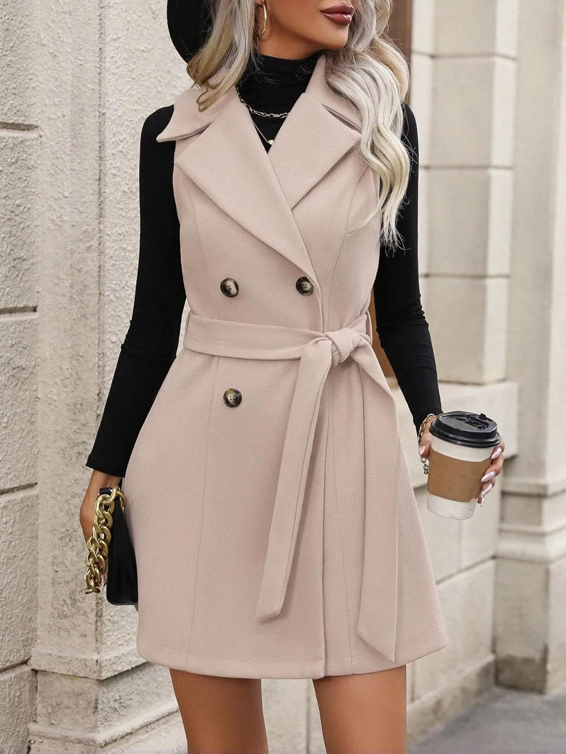 IDEALSANXUN Womens Long Wool Vest Fall Winter Sleeveless Blazer Jackets Double Breasted Trench Coat with Belt