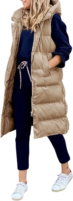 IMISSILLEB Women's Long Puffer Vest Hooded Coats Thick Sleeveless Full-Zip Jacket Fall Winter Coat Outerwear with Pockets