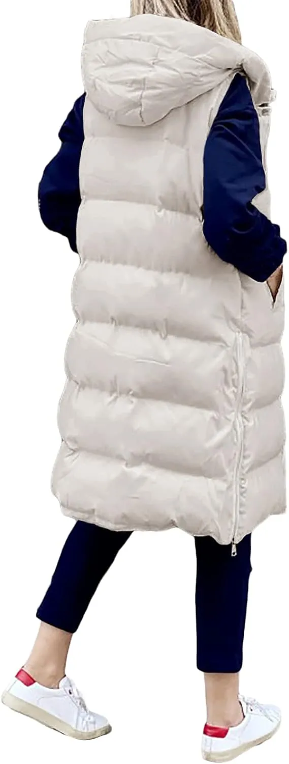 IMISSILLEB Women's Long Puffer Vest Hooded Coats Thick Sleeveless Full-Zip Jacket Fall Winter Coat Outerwear with Pockets
