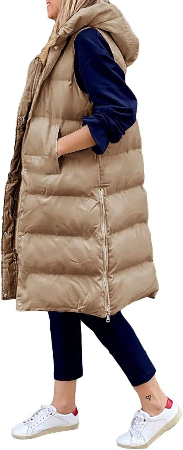 IMISSILLEB Women's Long Puffer Vest Hooded Coats Thick Sleeveless Full-Zip Jacket Fall Winter Coat Outerwear with Pockets