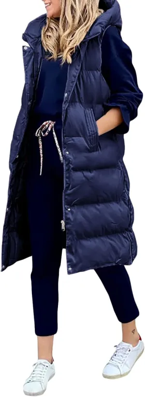 IMISSILLEB Women's Long Puffer Vest Hooded Coats Thick Sleeveless Full-Zip Jacket Fall Winter Coat Outerwear with Pockets