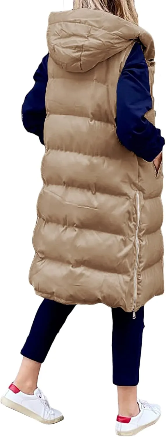 IMISSILLEB Women's Long Puffer Vest Hooded Coats Thick Sleeveless Full-Zip Jacket Fall Winter Coat Outerwear with Pockets
