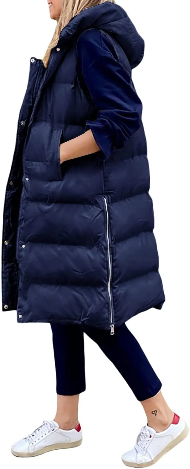 IMISSILLEB Women's Long Puffer Vest Hooded Coats Thick Sleeveless Full-Zip Jacket Fall Winter Coat Outerwear with Pockets