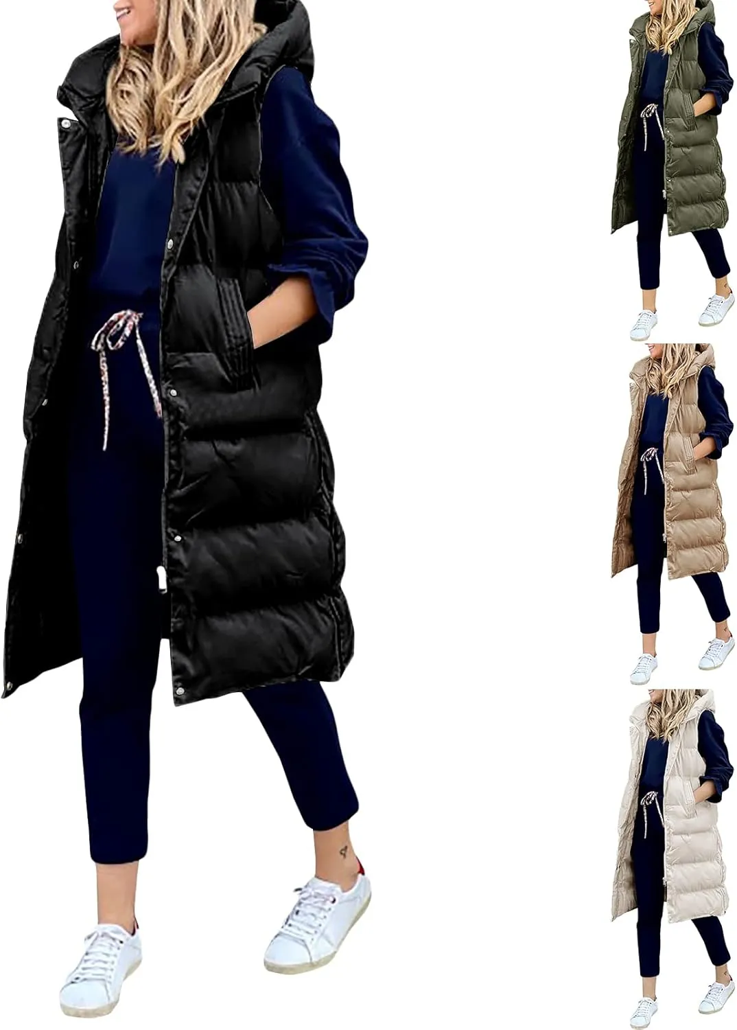 IMISSILLEB Women's Long Puffer Vest Hooded Coats Thick Sleeveless Full-Zip Jacket Fall Winter Coat Outerwear with Pockets